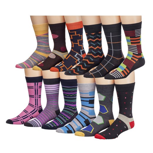 James Fiallo Mens 12 Pack Colorful Patterned Dress Socks M5800,<br />
Fits shoe size 6-12 (sock size 10-13)